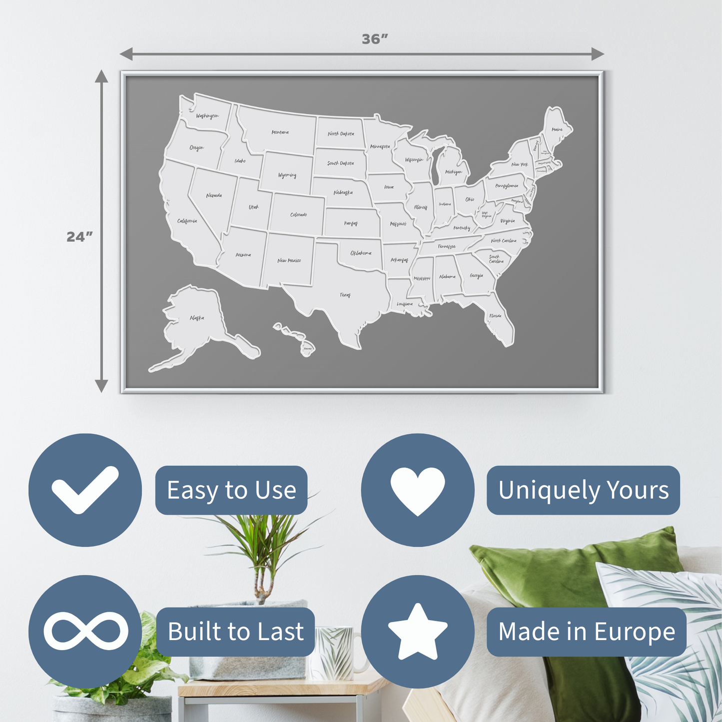 USA Photo Map - Unframed - Gray (states marked)