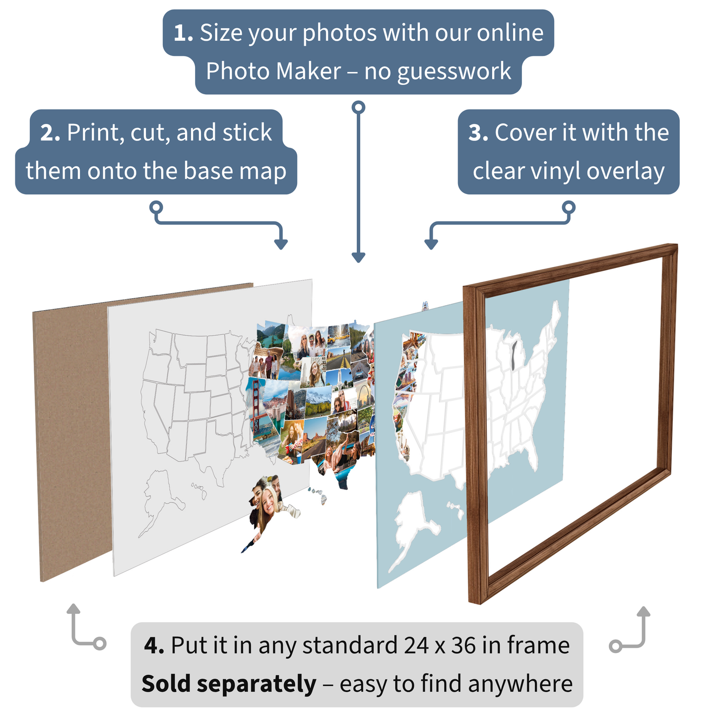 USA Photo Map - Unframed - Blue